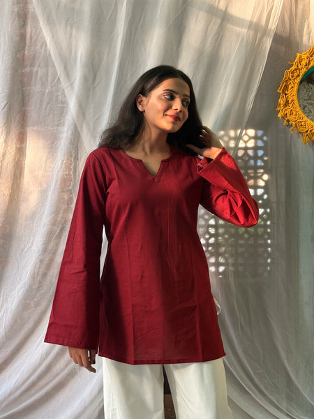 Women Maroon Solid Cotton Short Kurta