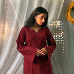 Women Maroon Solid Cotton Short Kurta