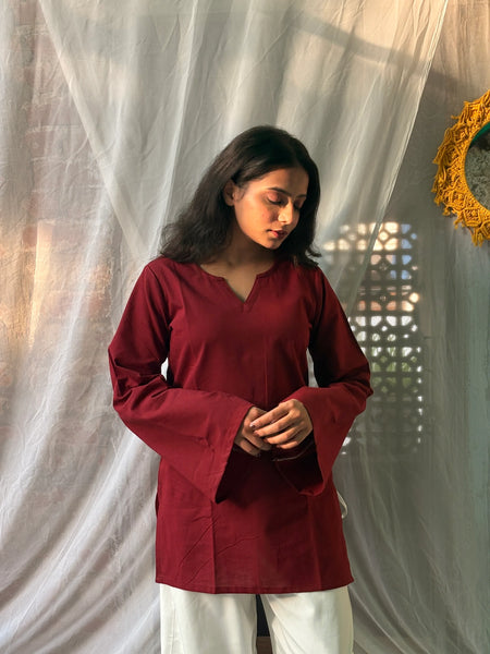Women Maroon Solid Cotton Short Kurta