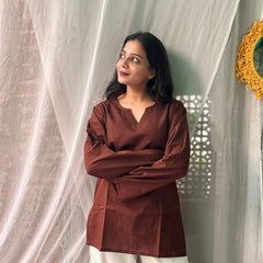 Women Brown Solid Cotton Short Kurta