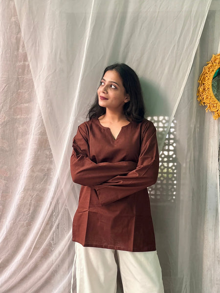 Women Brown Solid Cotton Short Kurta