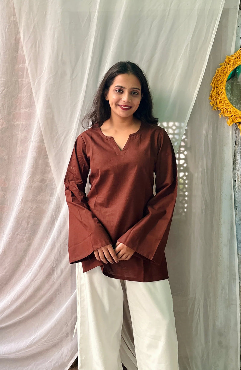 Women Brown Solid Cotton Short Kurta