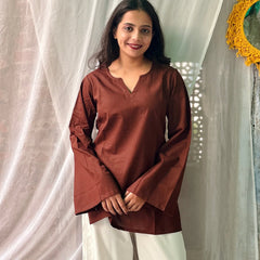 Women Brown Solid Cotton Short Kurta