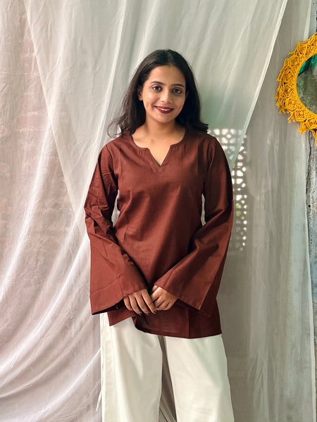 Women Brown Solid Cotton Short Kurta