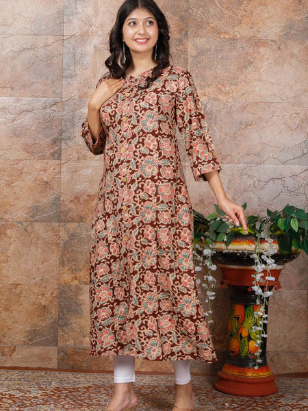 Women Brown Floral Modal Rayon Kurta