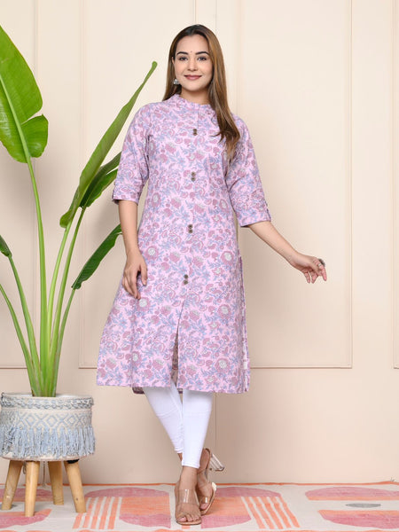 Women Lavender Floral Cotton Kurta