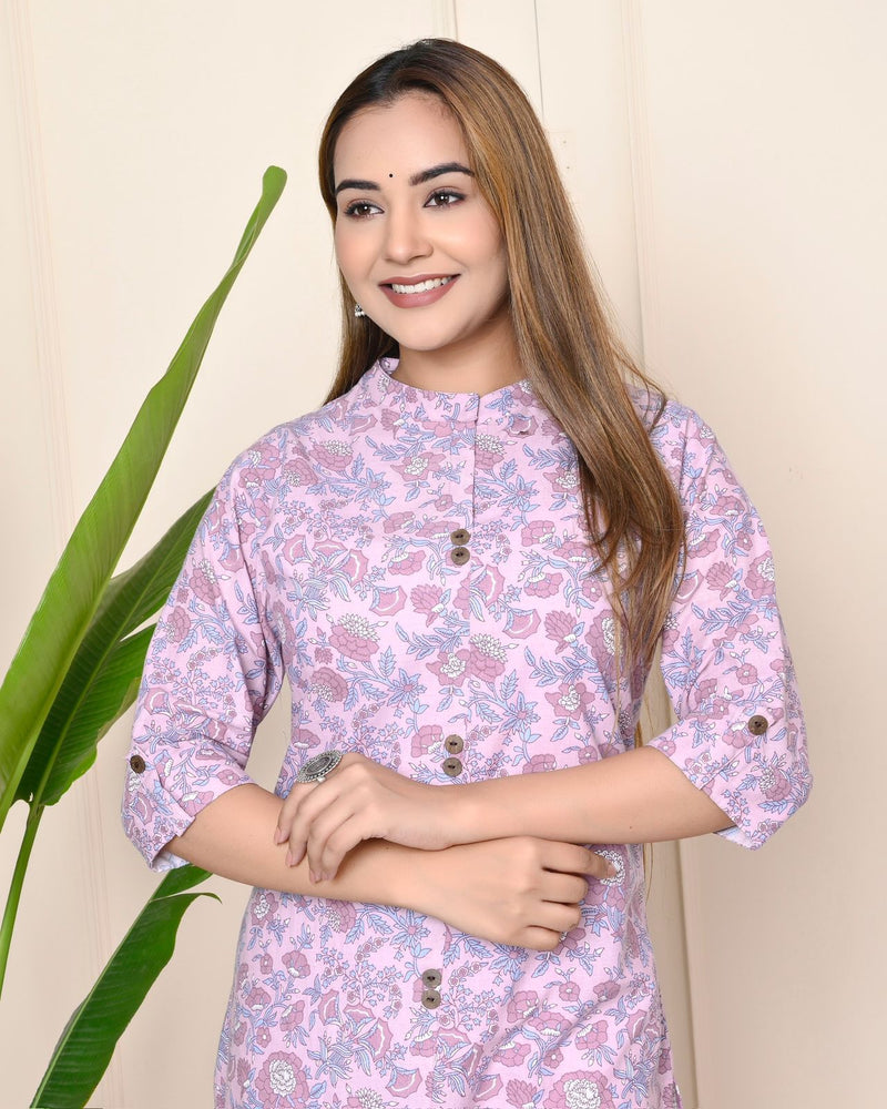 Women Lavender Floral Cotton Kurta