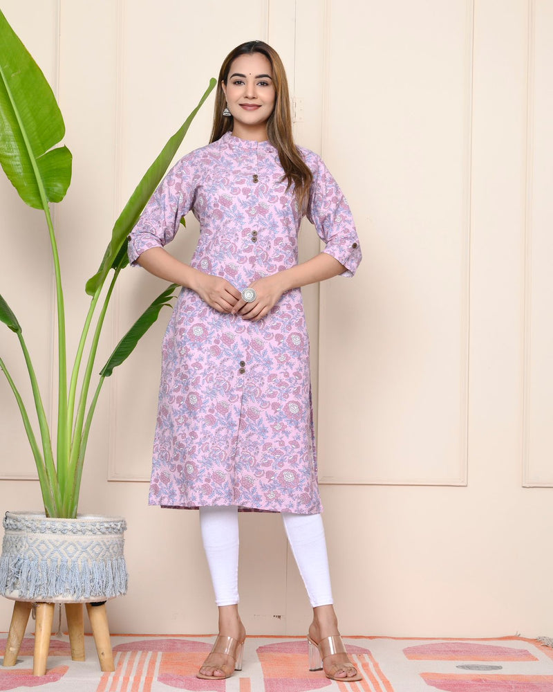 Women Lavender Floral Cotton Kurta