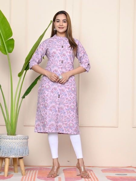 Women Lavender Floral Cotton Kurta
