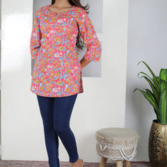 Women Pink Floral Cotton Short Kurta