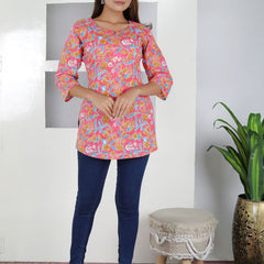 Women Pink Floral Cotton Short Kurta