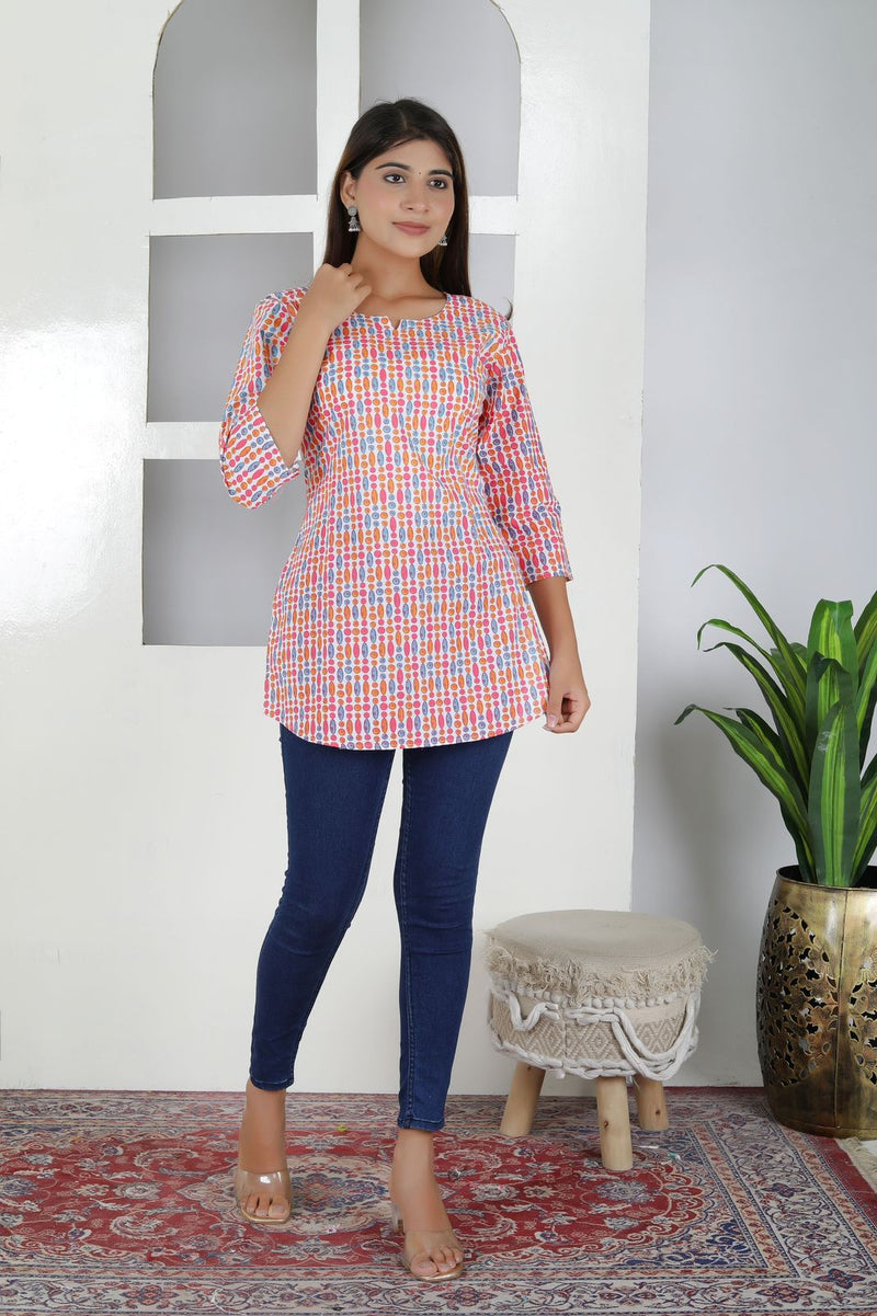Women Multi Dot Cotton Short Kurta