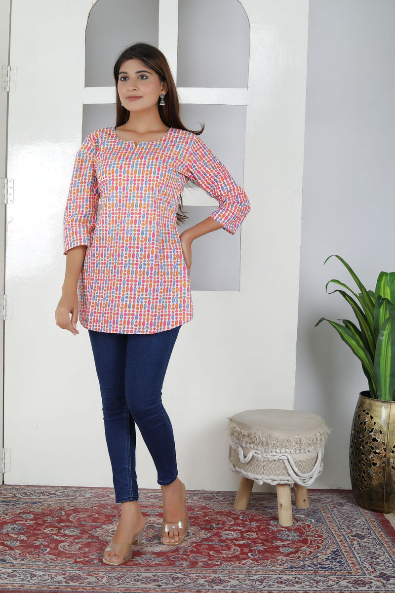 Women Multi Dot Cotton Short Kurta
