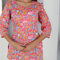 Women Pink Floral Cotton Short Kurta