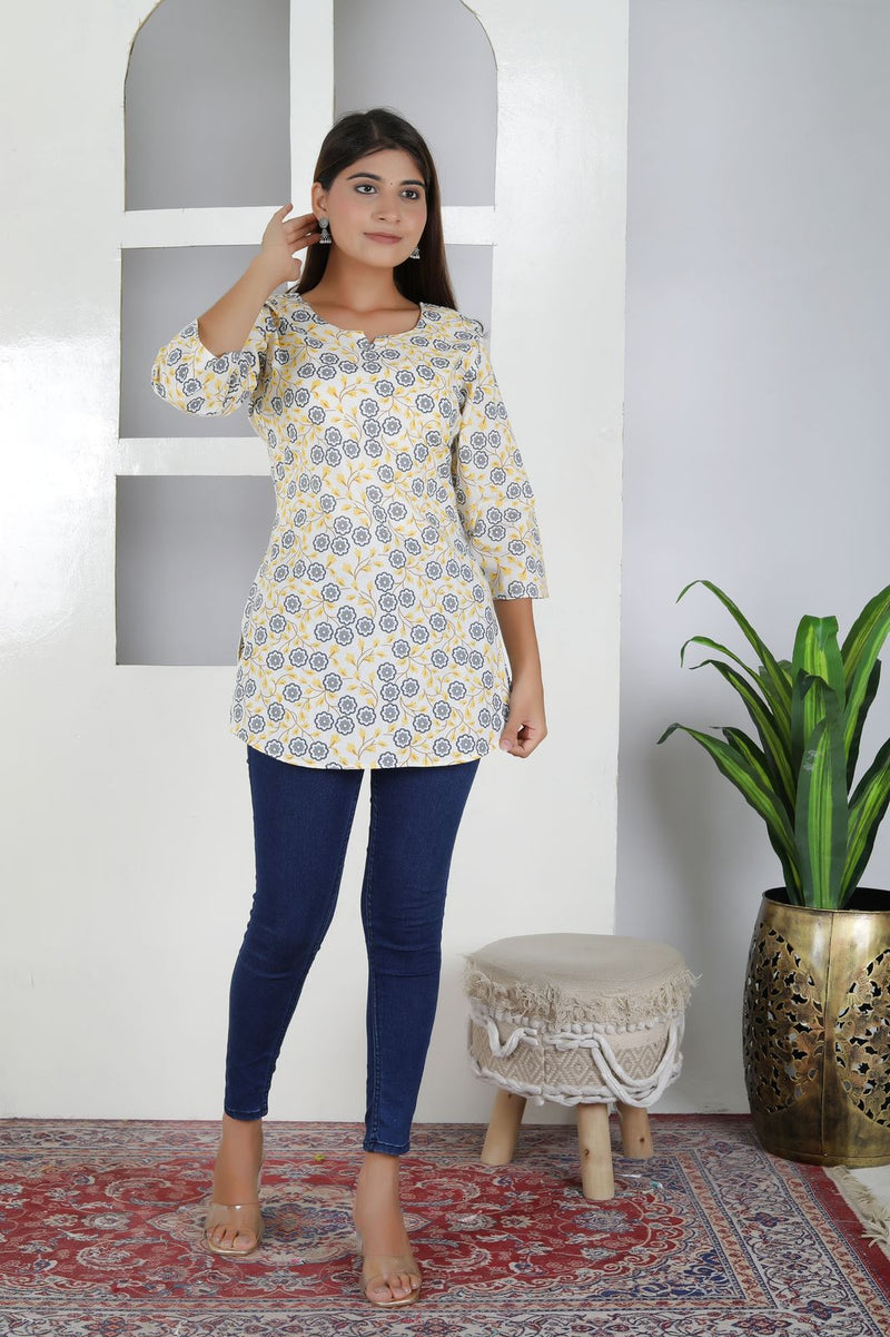 Women Yellow Floral Cotton Short Kurta