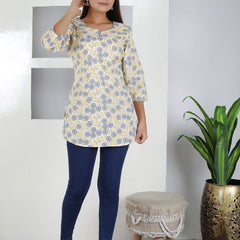 Women Yellow Floral Cotton Short Kurta