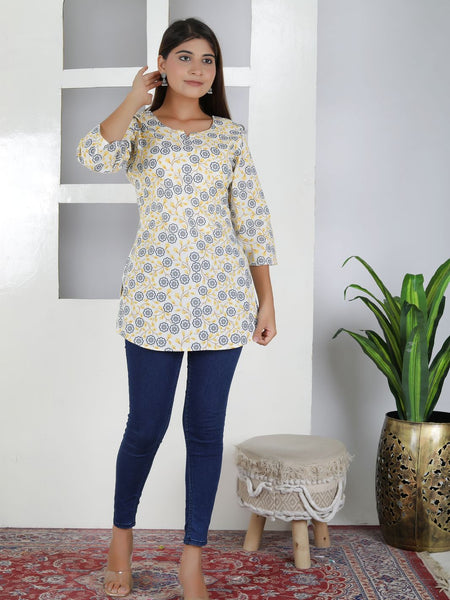 Women Yellow Floral Cotton Short Kurta