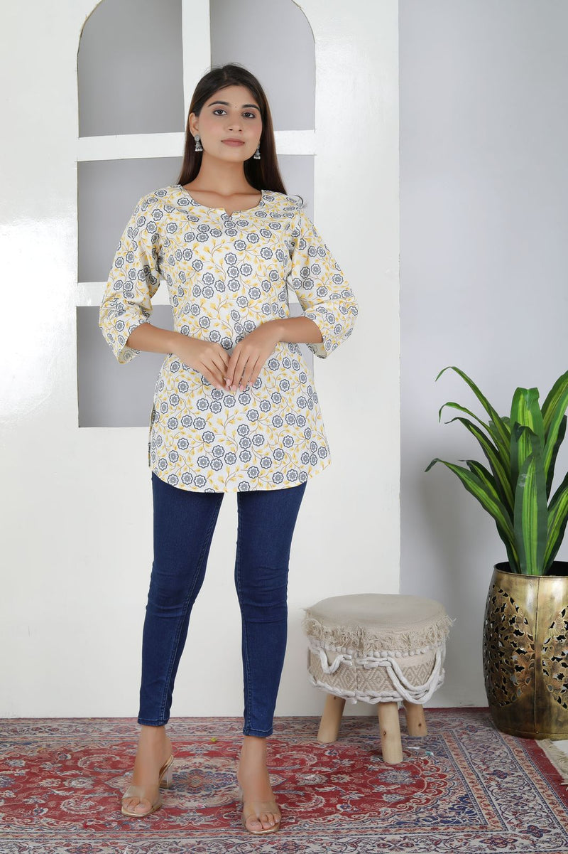 Women Yellow Floral Cotton Short Kurta