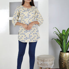 Women Yellow Floral Cotton Short Kurta