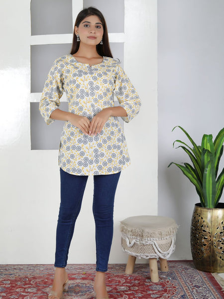 Women Yellow Floral Cotton Short Kurta