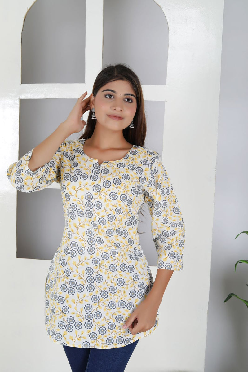 Women Yellow Floral Cotton Short Kurta