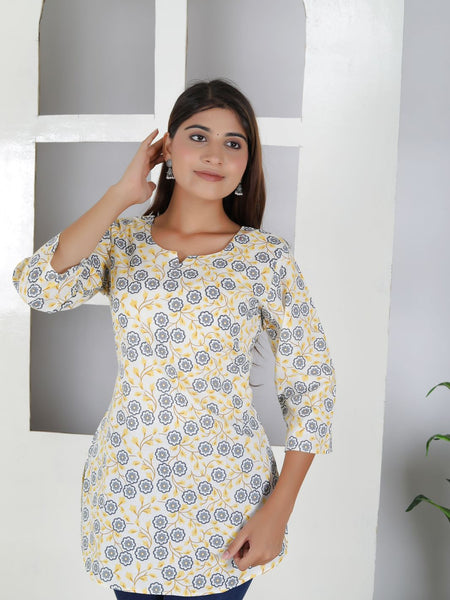 Women Yellow Floral Cotton Short Kurta