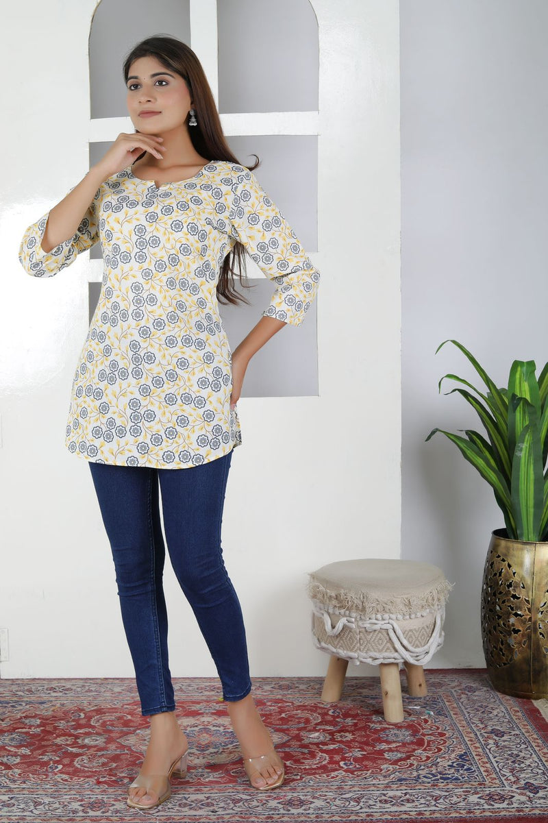 Women Yellow Floral Cotton Short Kurta