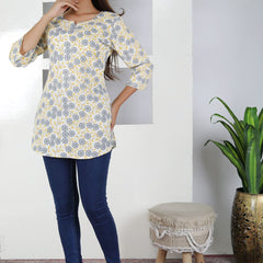 Women Yellow Floral Cotton Short Kurta