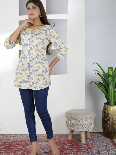 Women Yellow Floral Cotton Short Kurta