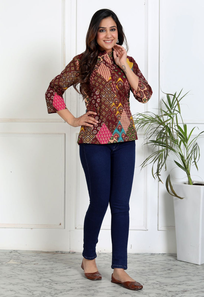 Patch print cotton kurta close-up detail