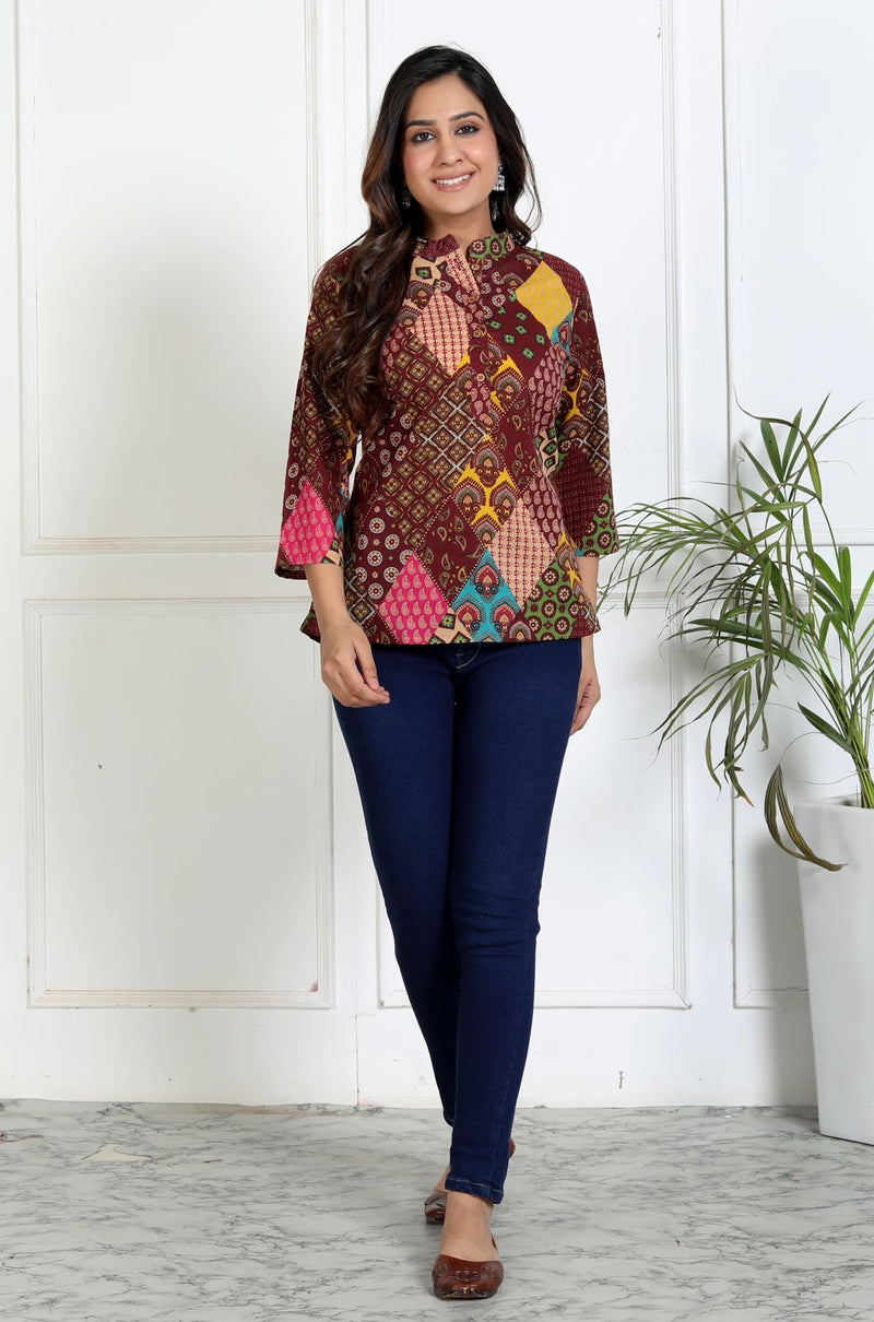 Women brown printed cotton short kurta front view