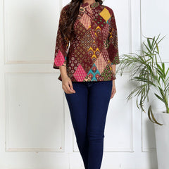Women brown printed cotton short kurta front view
