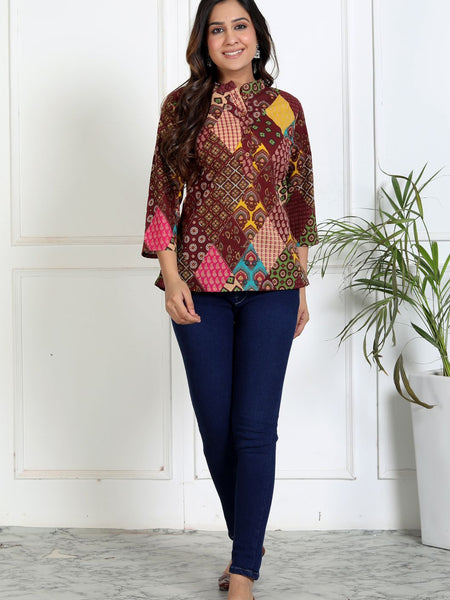 Women brown printed cotton short kurta front view